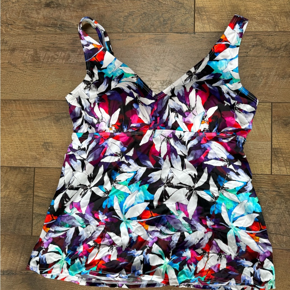 Swimsuits For All White, Black, Purple & Teal Floral V-Neck Tankini Top